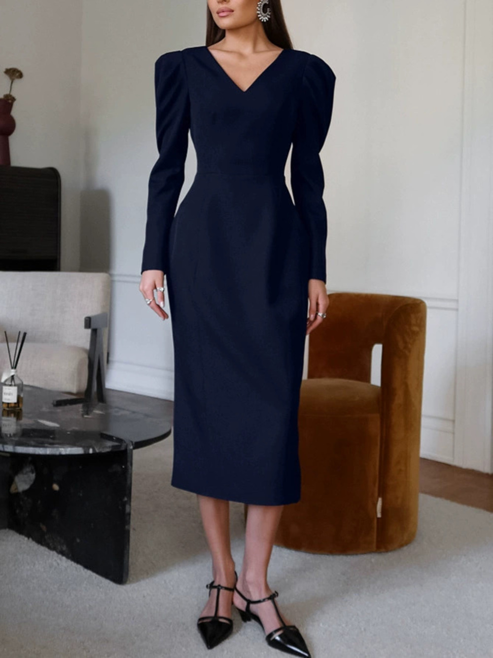Forever 21 Collar Puff Sleeve Midi Pencil Dress Navy Slit